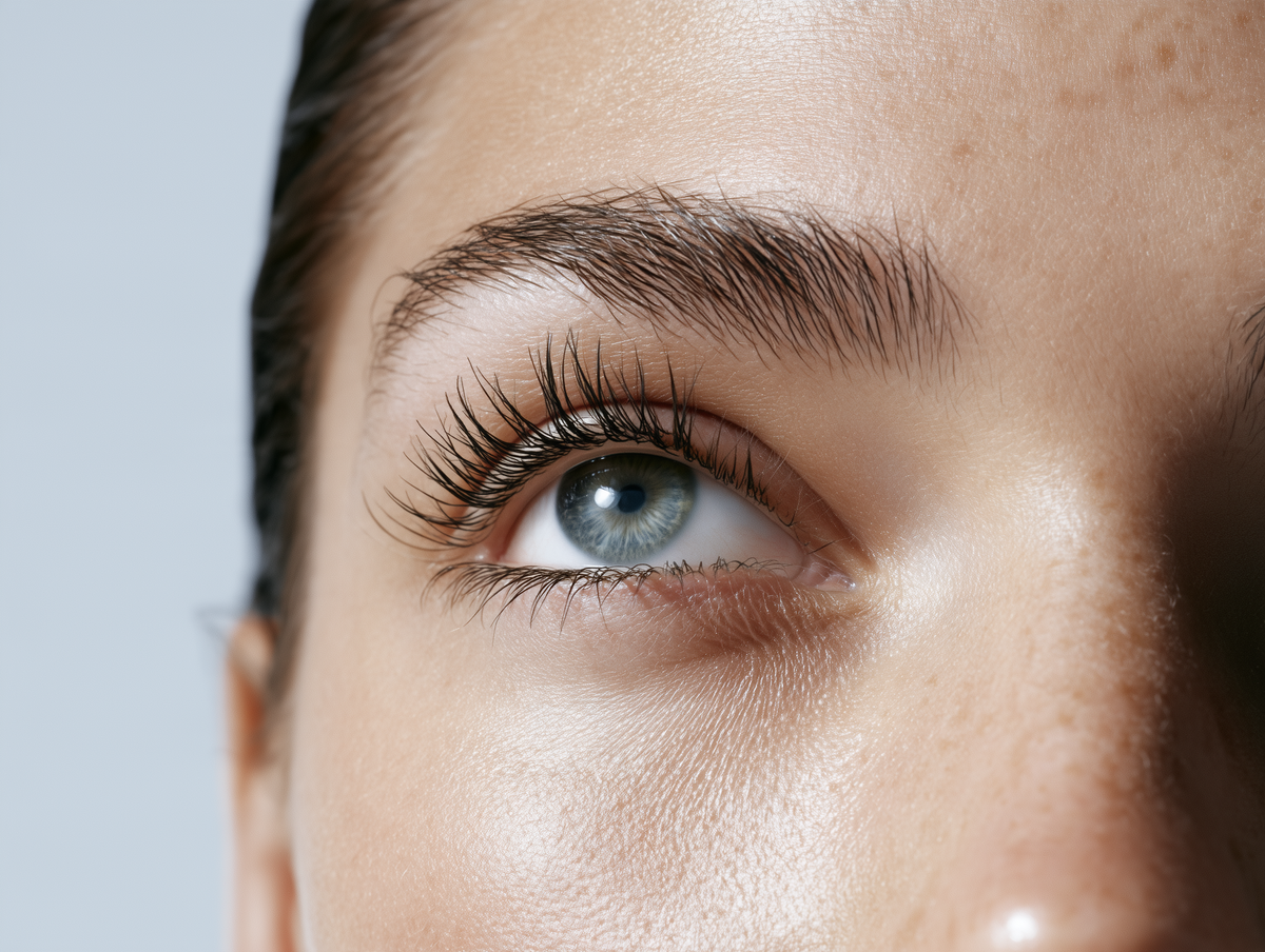 Nahaufnahme eines Auges mit dichten Wimpern und Augenbraue